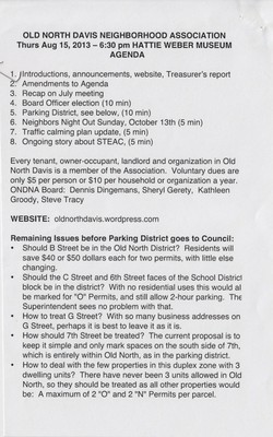 August 12. Doorstep dropped half-sheet agenda for August 15 meeting