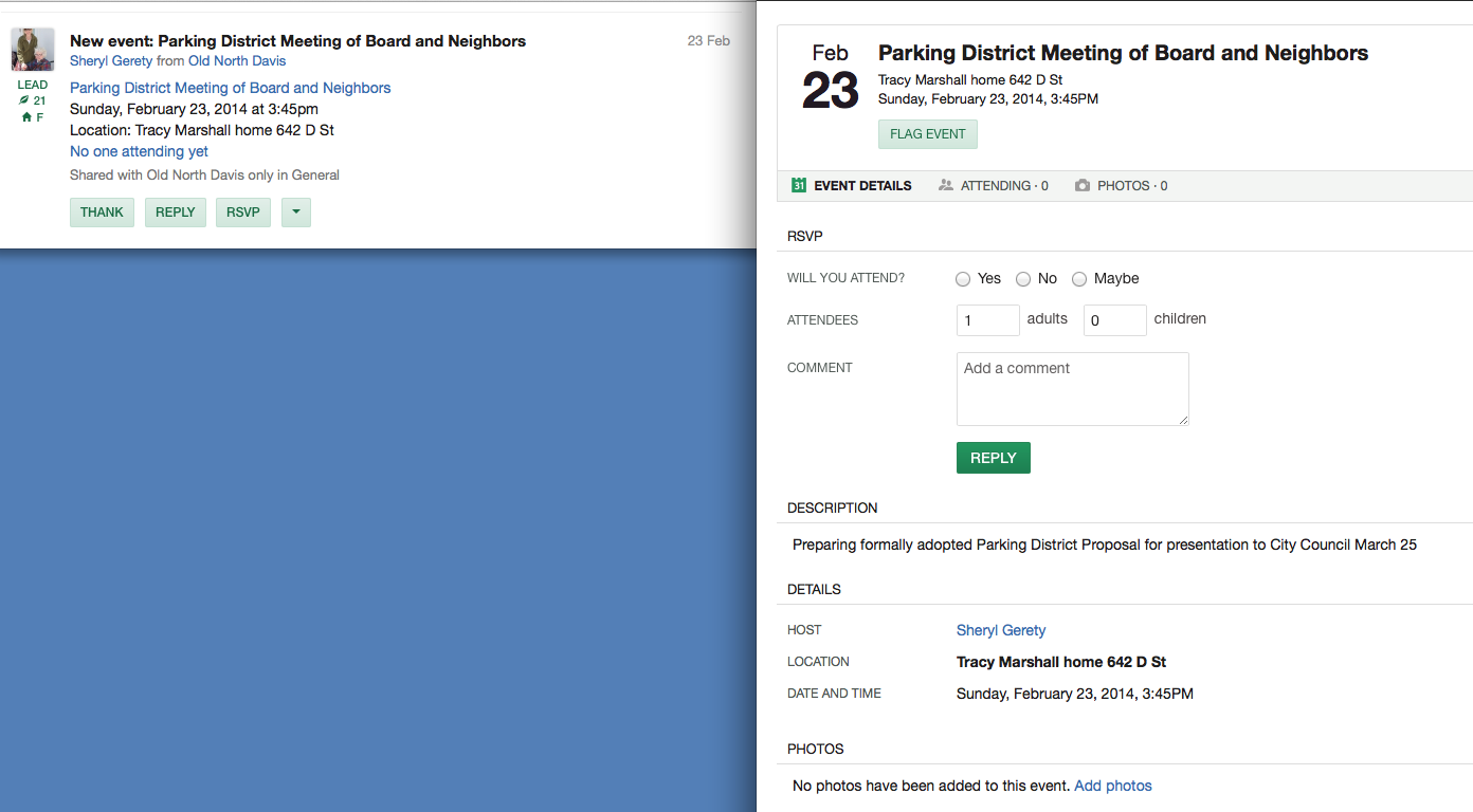 February 23 (a Sunday). Post-City Hall Meeting in a Private Location