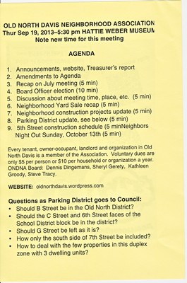 September 12. Doorstep dropped half-sheet agenda for September 19 meeting