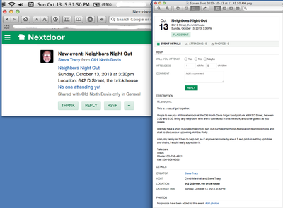 October 13 (Sunday). Day of the City of Davis "Neighbors Night Out." NextDoor Notice of the Event