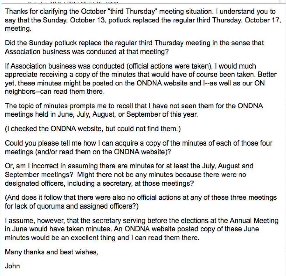 October 18. Request for Minutes of the June, July, August, September & October 2013 Meetings