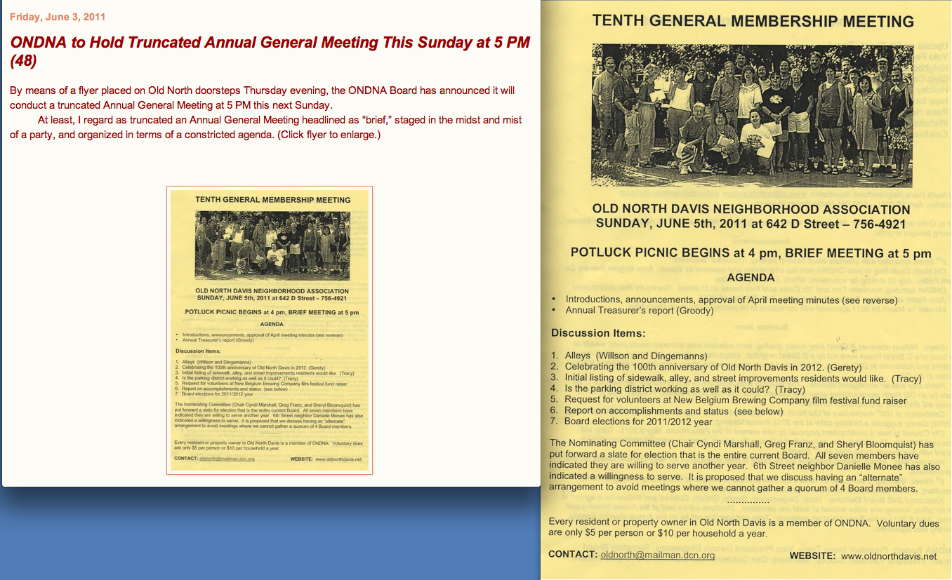 June 2, 2011. ONDNA Does Doorstep Announcement of AGM To Be Held Two Days Later, On Sunday, June 5th & Short-Shifts the Purpose of the AGM