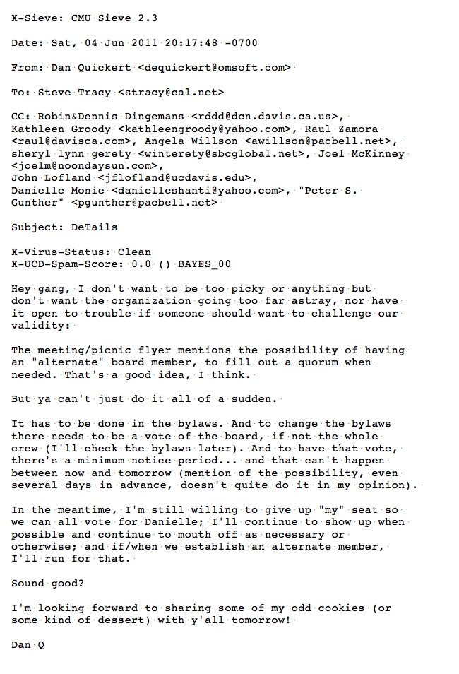June 4, 2011. A Member of the Board Writes an Email to the Now Very Short List of ONDA Active Members That A Proposed "Alternate" Board Member Violates the Bylaws