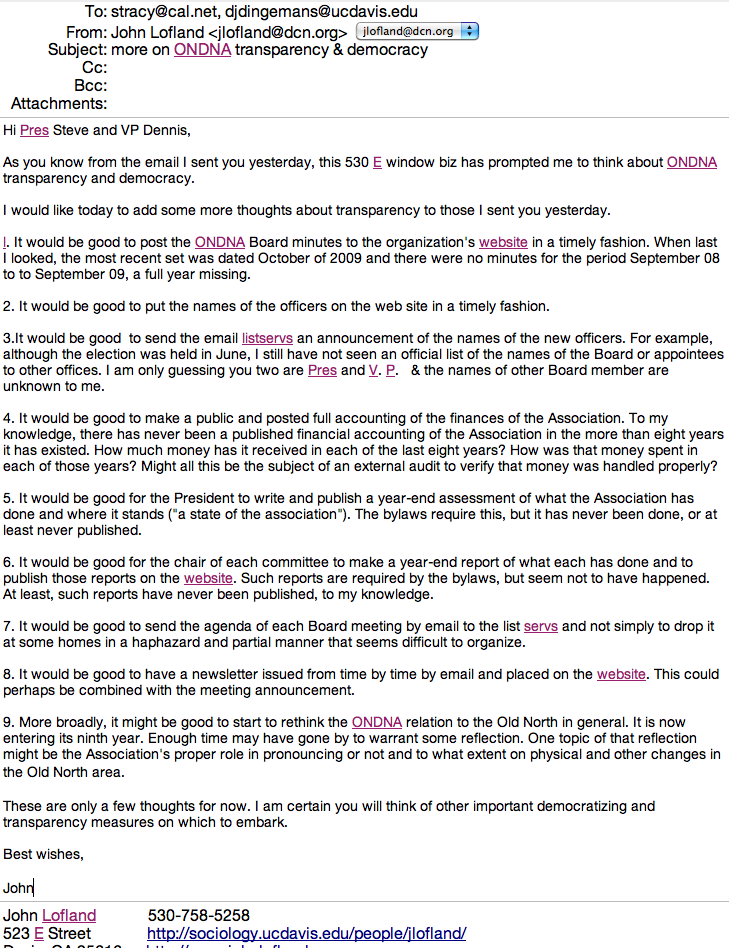 Lofland 8-23-10 Email to ONDNA President & Vice-President